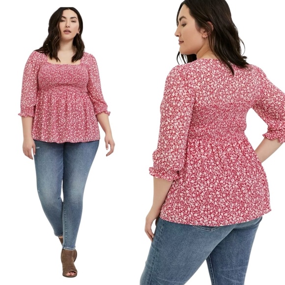 TORRID Babydoll Chiffon Smocked Top Floral Ditsy Print 3/4 Sleeves Partly Lined - Picture 1 of 9